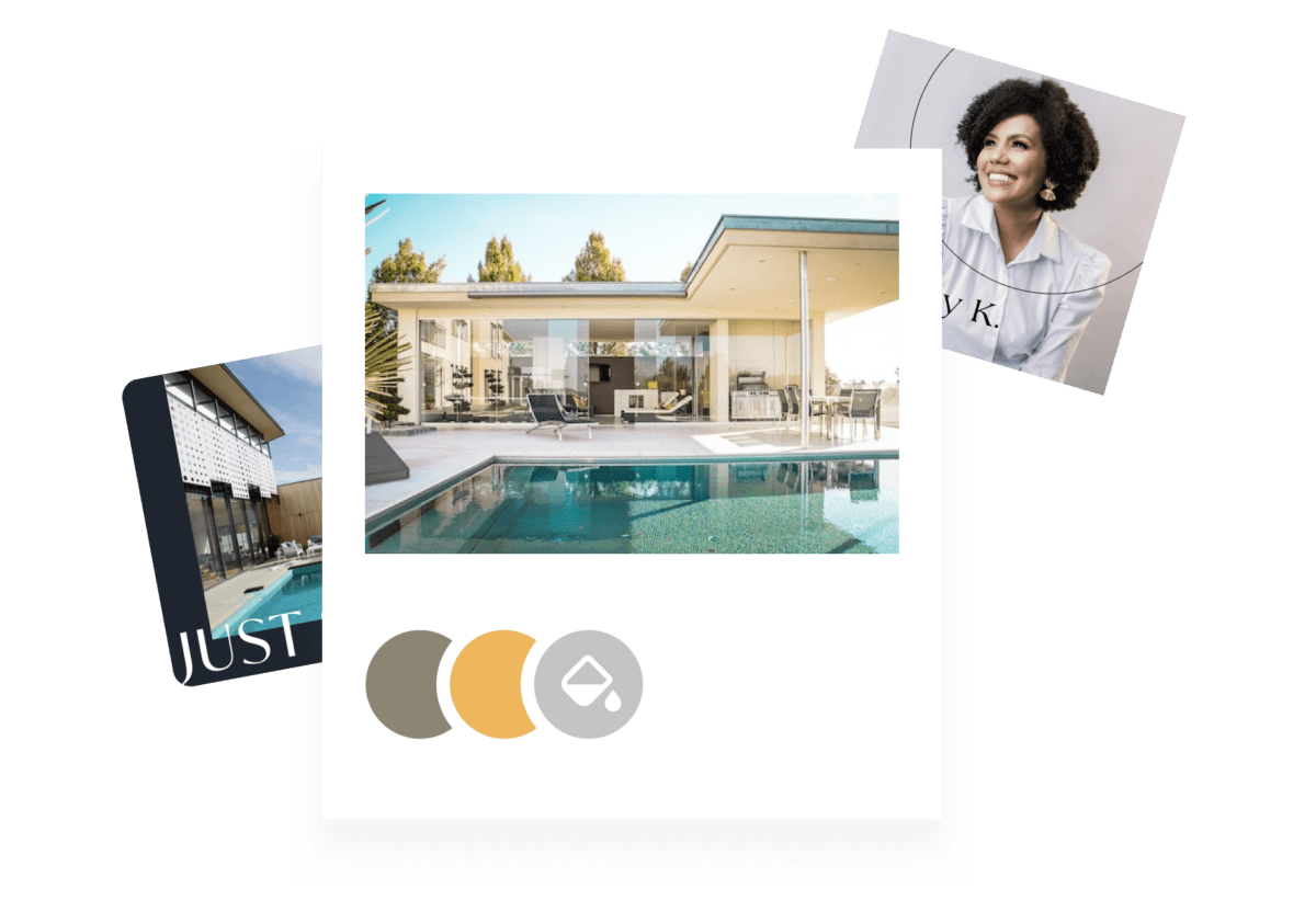 Three boxes illustrating different iterations of a real estate agent's personal branding via brand colors, font, website and headshot