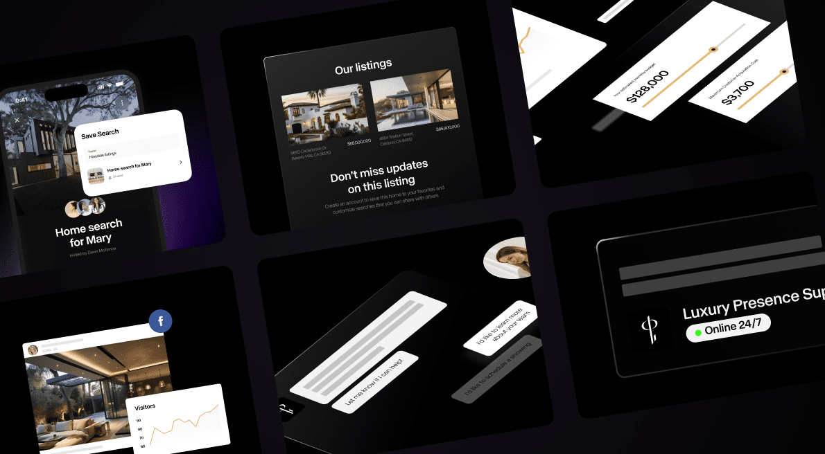 Multiple layered screenshots showing the different tools that populate Luxury Presence's real estate tech stack