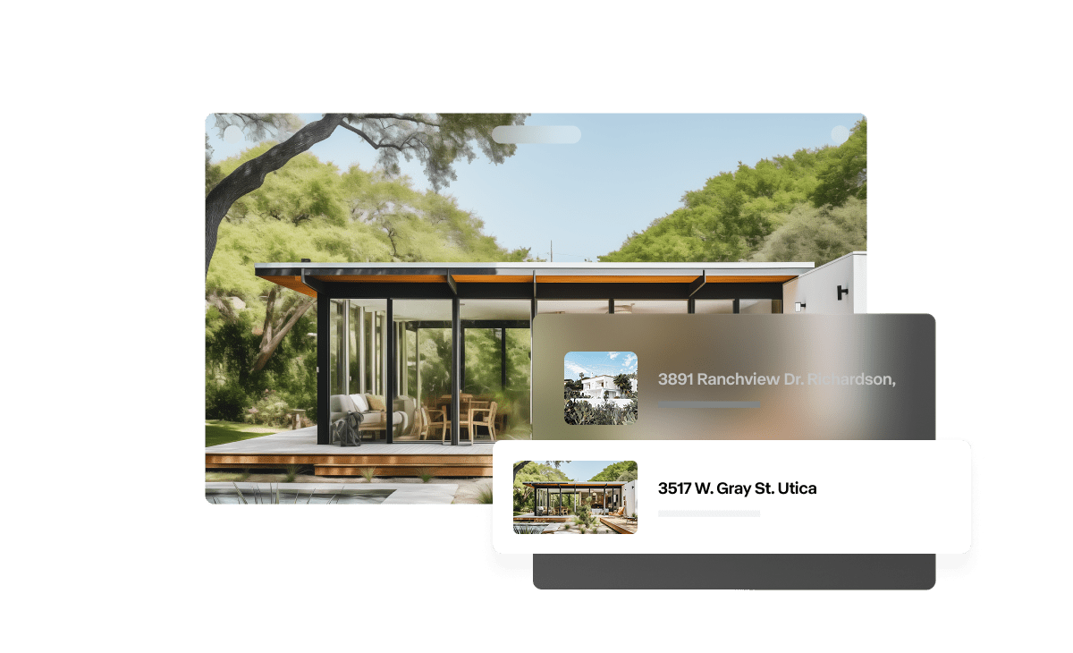 exterior shot of listing with two addresses layered on top